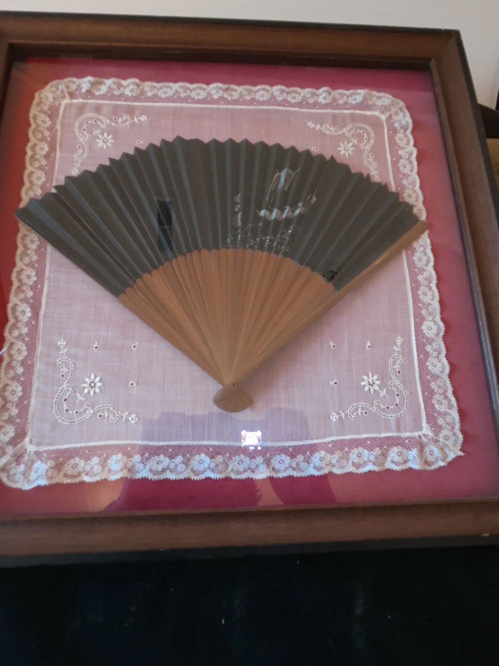 Vintage 1950's Korean painted fan and lace handkerchief in wood/glass frame